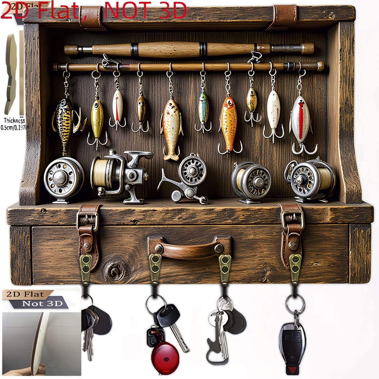 Fly Reel - ที่แขวนกุญแจรูปเหยื่อตกปลาแบบวินเทจ ลายพิมพ์แบน 2 มิติ รูปคันเบ็ดและรอกตกปลา ที่แขวนกุญแจติดผนังสำหรับนักตกปลา